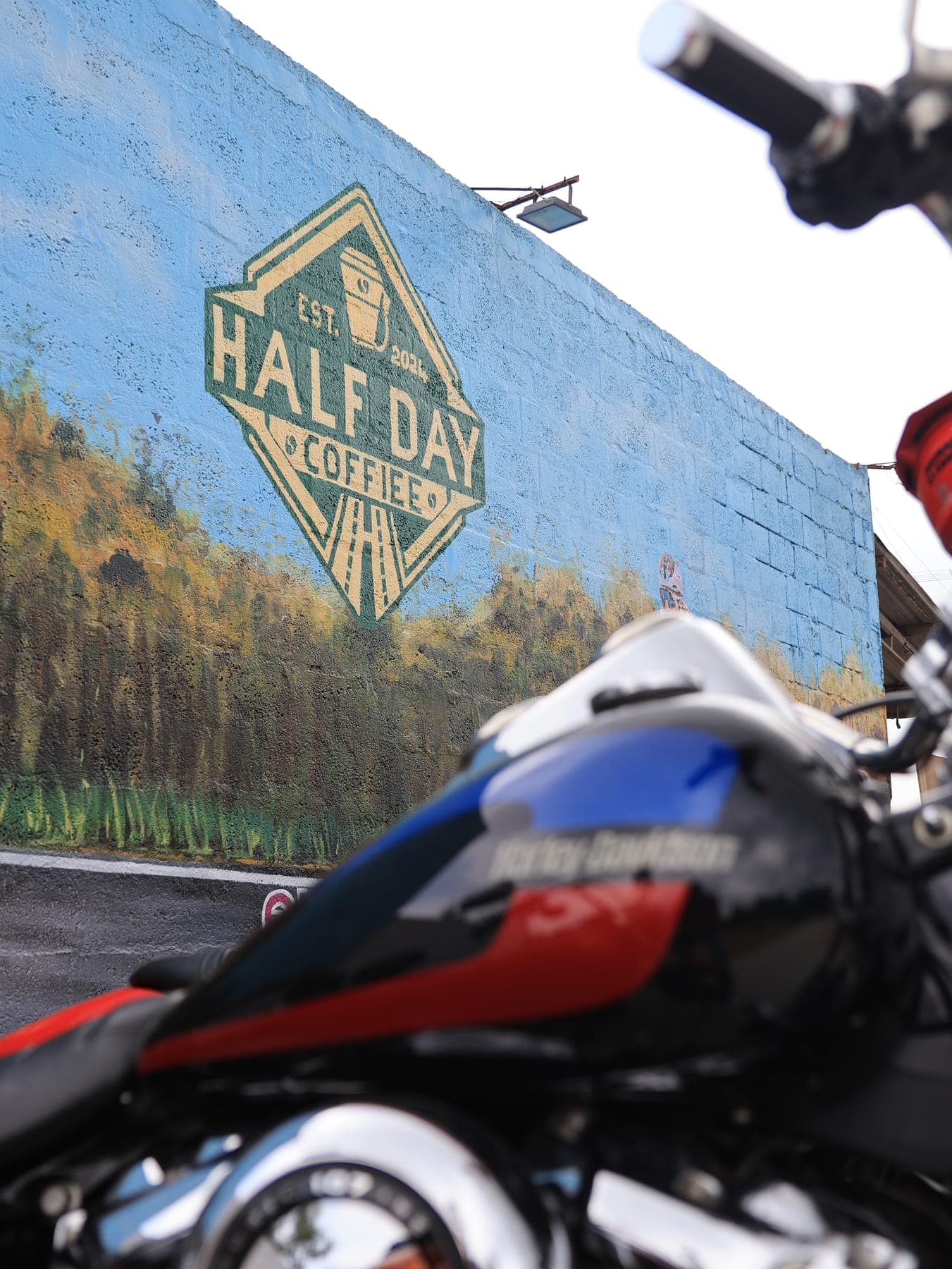 Motorcycle by the painted mural