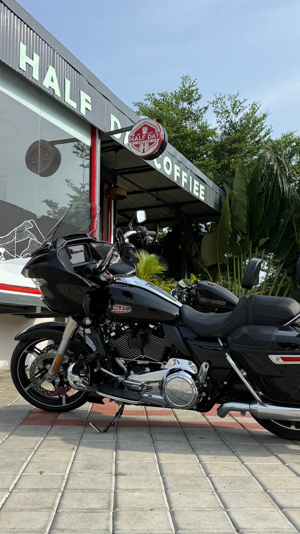 Touring motorcycle at the cafe